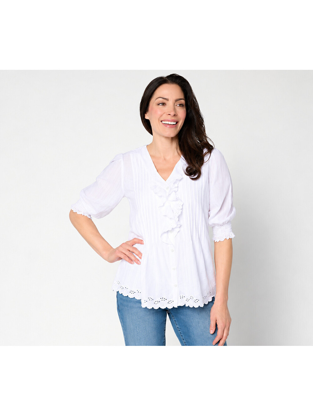 Ree by the Pioneer Woman Ruffle Front Eyelet Trim Blouse Brilliant White X-Large